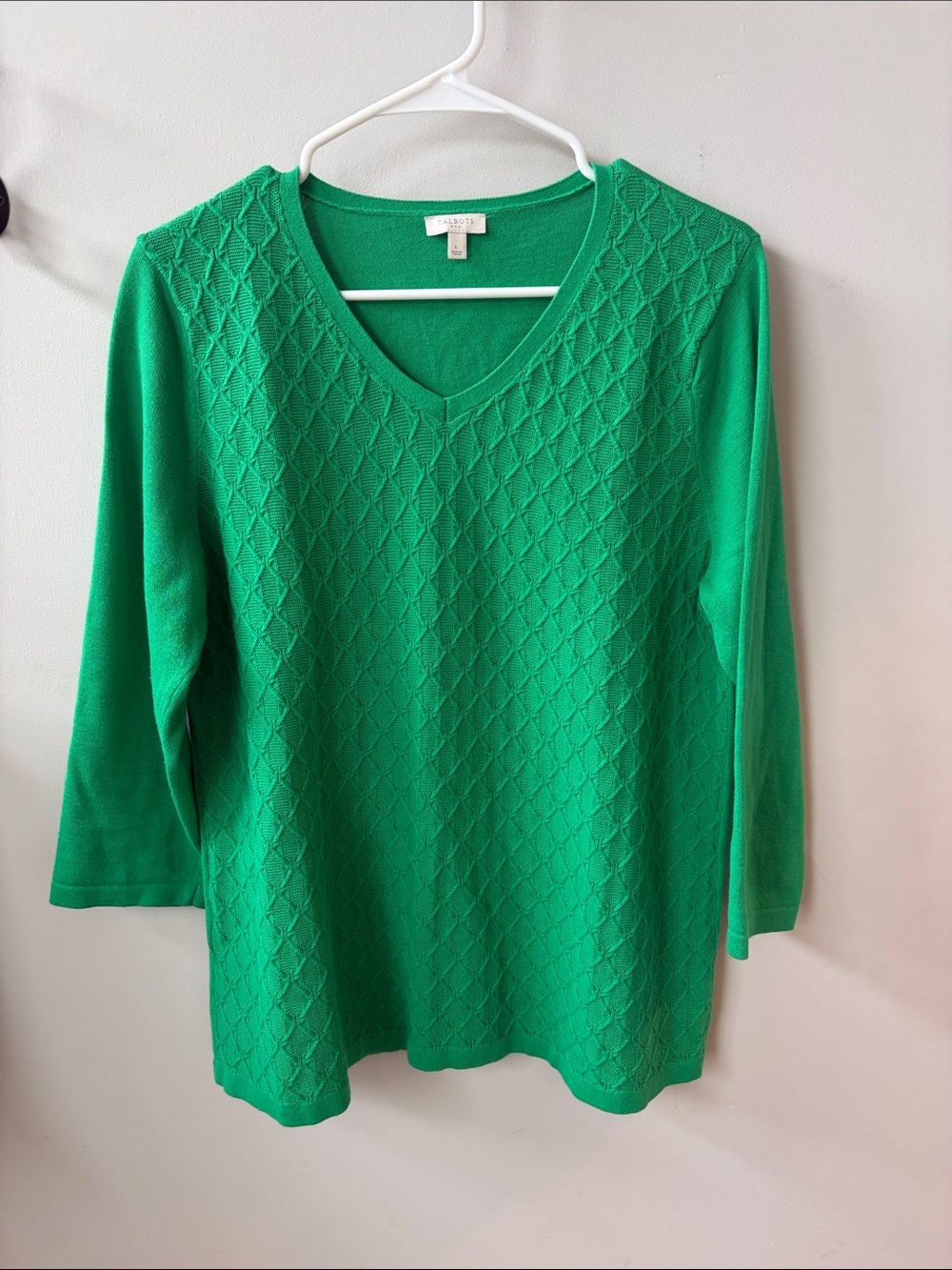 Talbots Emerald Green V-Neck Diamond Knit Sweater